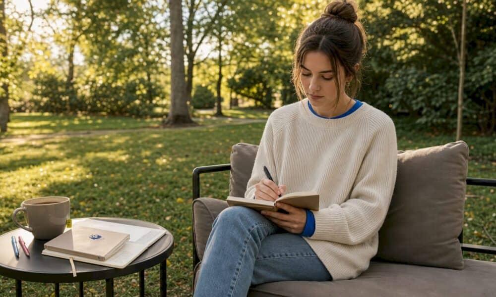 Woman journaling trauma triggers at kitchen table