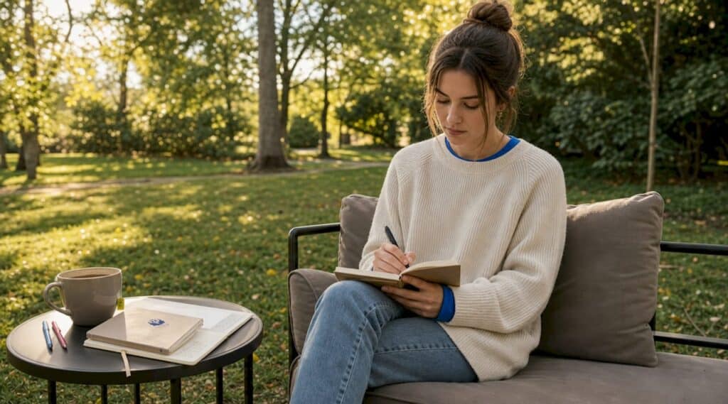 Woman journaling trauma triggers at kitchen table
