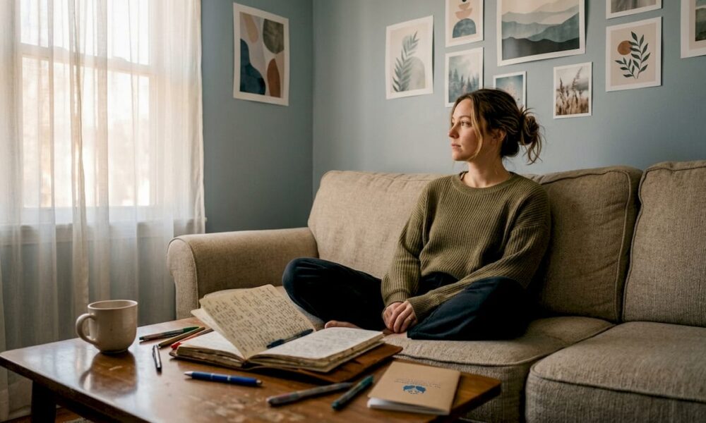 Woman reflecting alone in kitchen setting