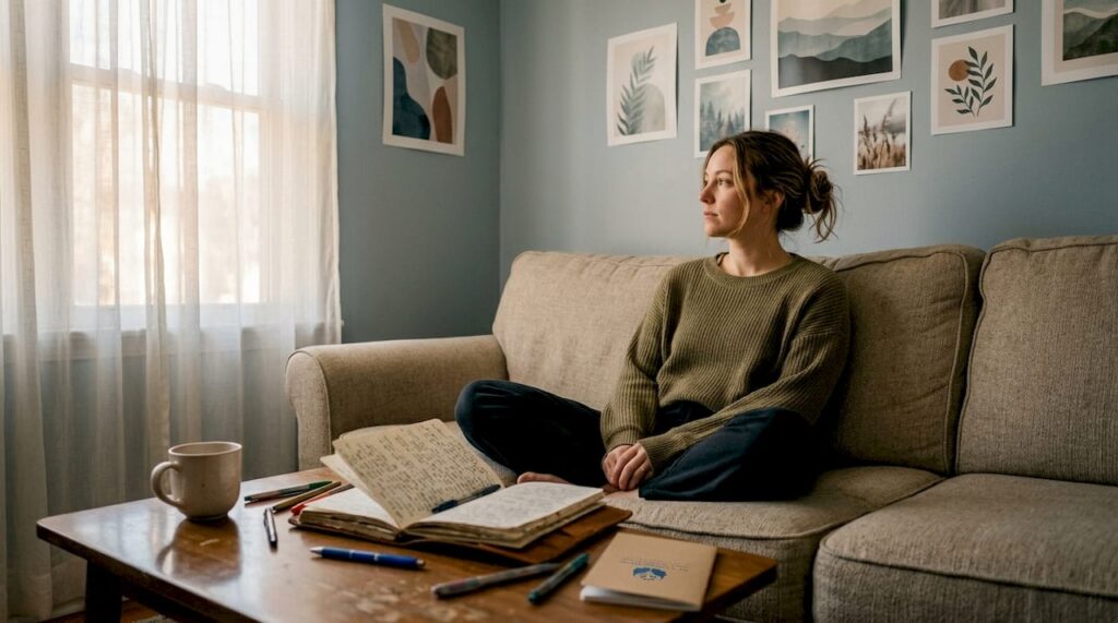 Woman reflecting alone in kitchen setting