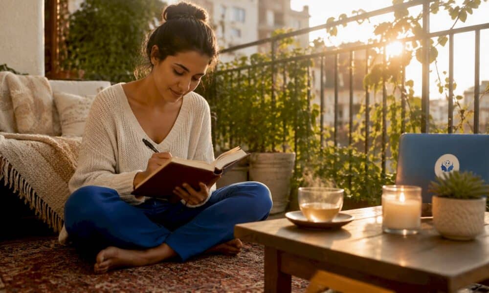 Woman journaling at a sunlit table
