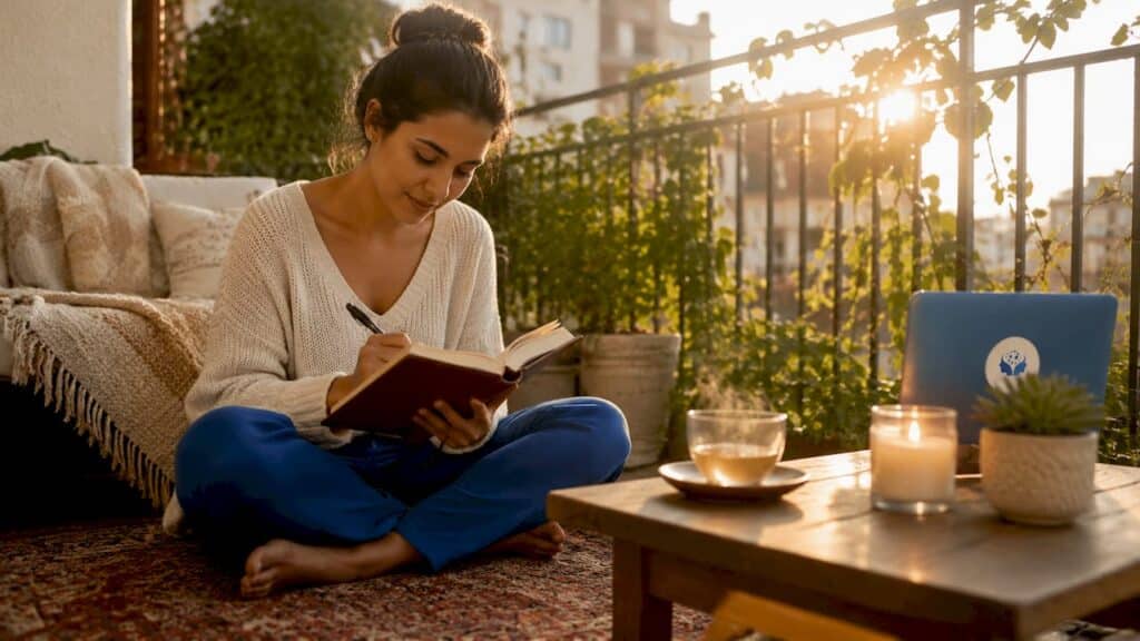 Woman journaling at a sunlit table