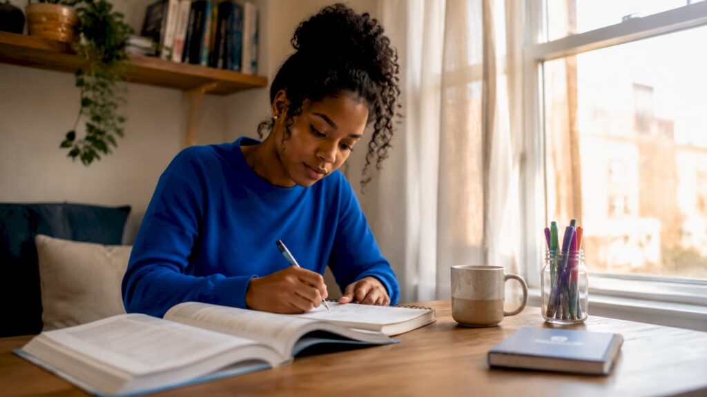 Woman writing boundaries at kitchen table