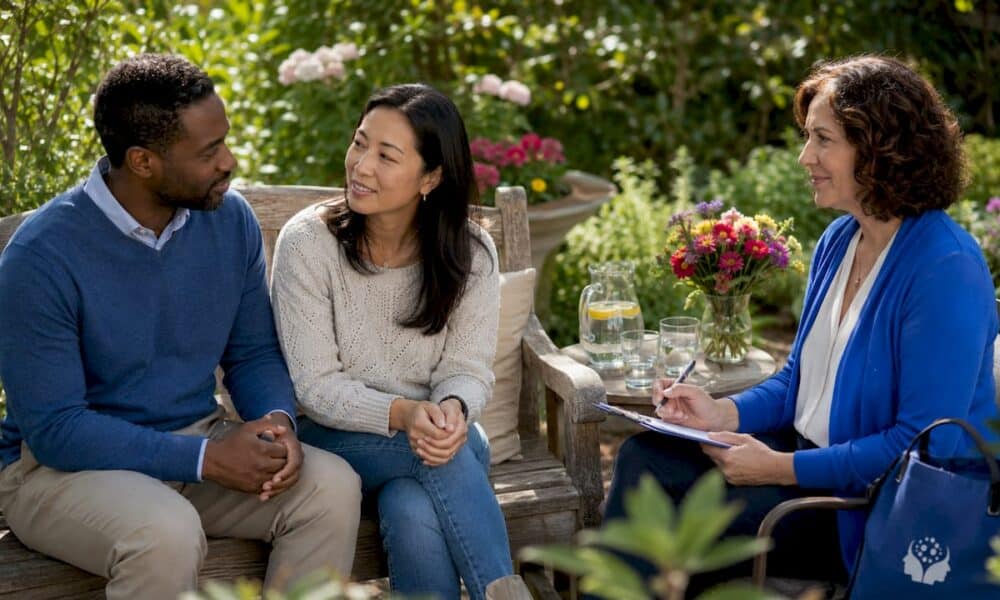 Therapist sitting with married couple in counseling session