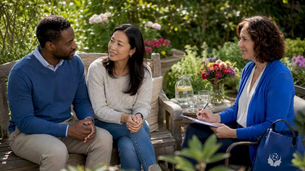 Therapist sitting with married couple in counseling session