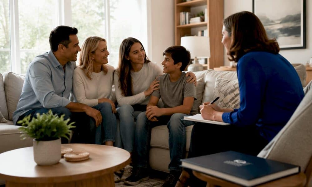 Family counselor conducting therapy session
