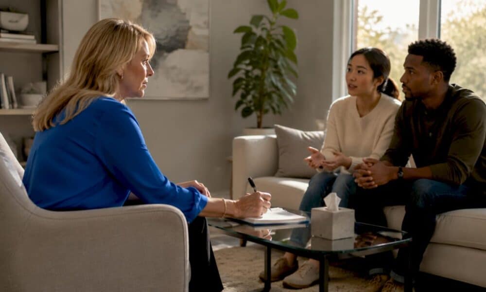 Marriage therapist with a couple in office session
