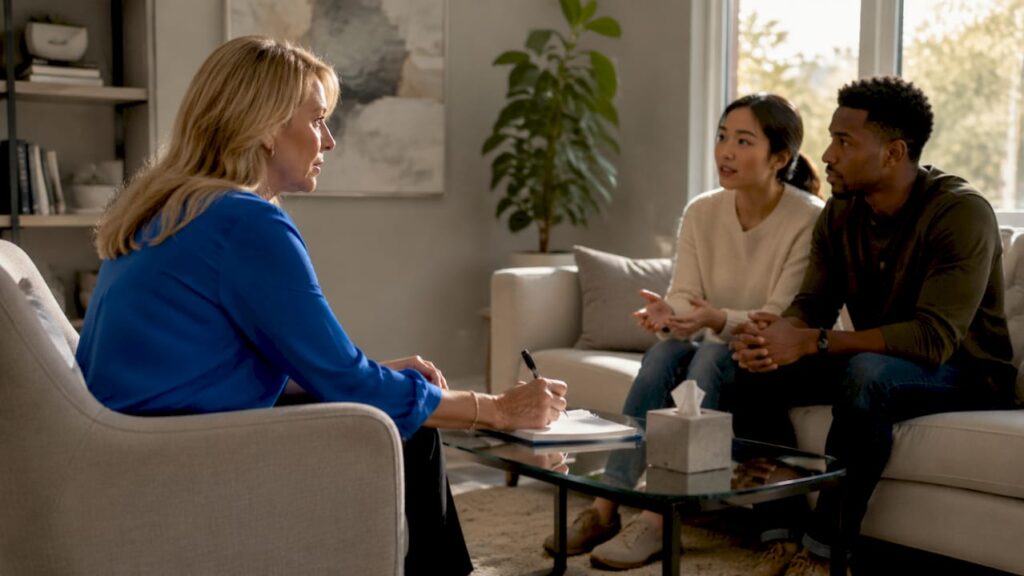 Marriage therapist with a couple in office session