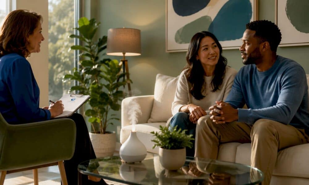Couple in relationship counselling session with therapist