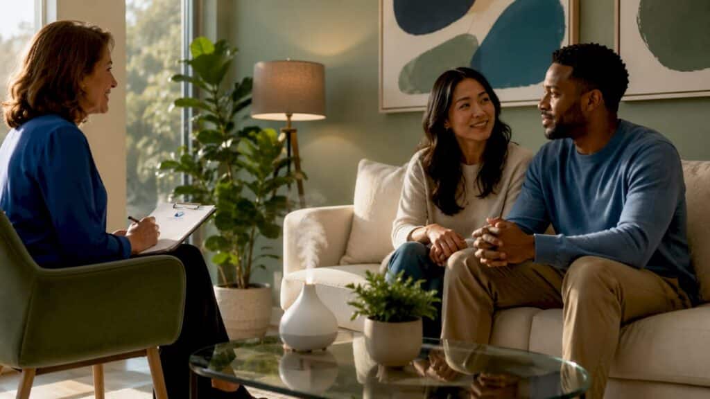 Couple in relationship counselling session with therapist