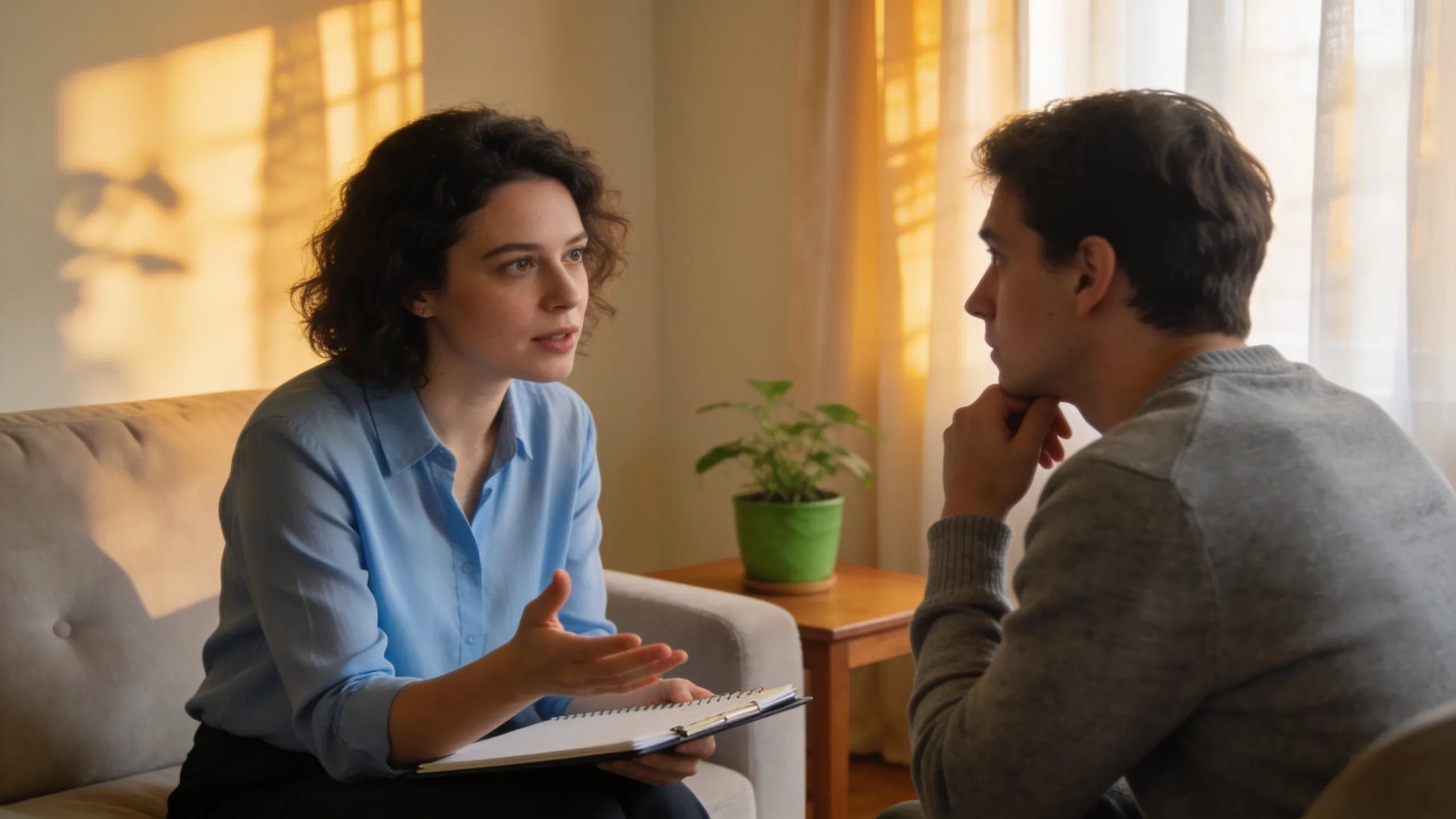 Therapist guiding a client through cognitive behavioral therapy focused on grief