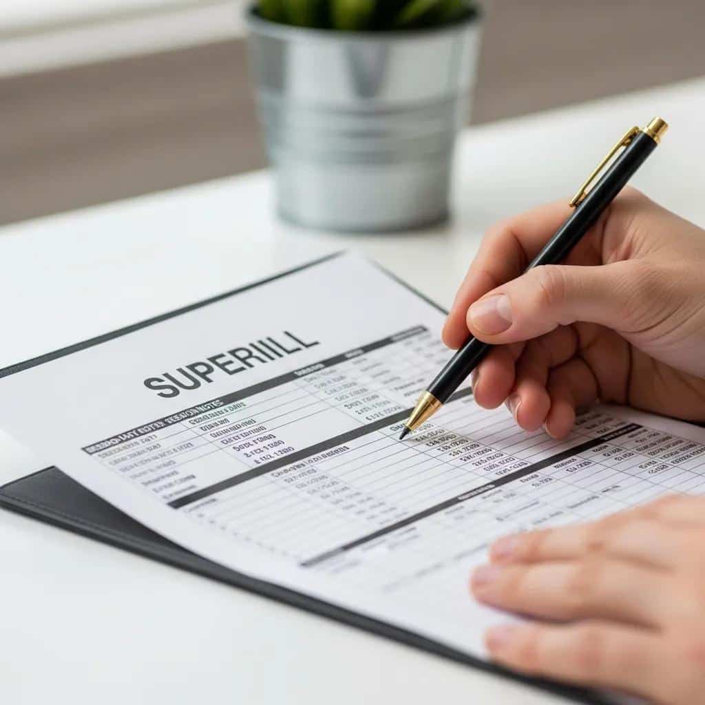 A superbill being prepared for out-of-network therapy reimbursement, illustrating the claims process