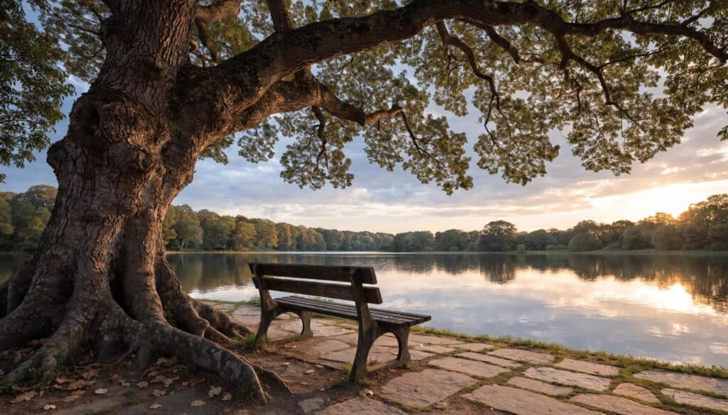 Large tree and bench overlooking a calm lake, symbolizing coping with loss and grief.