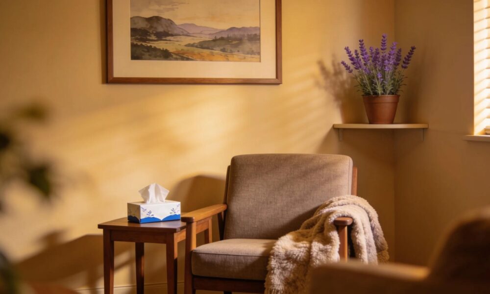 Cozy therapy room designed for grief counseling, fostering a supportive environment