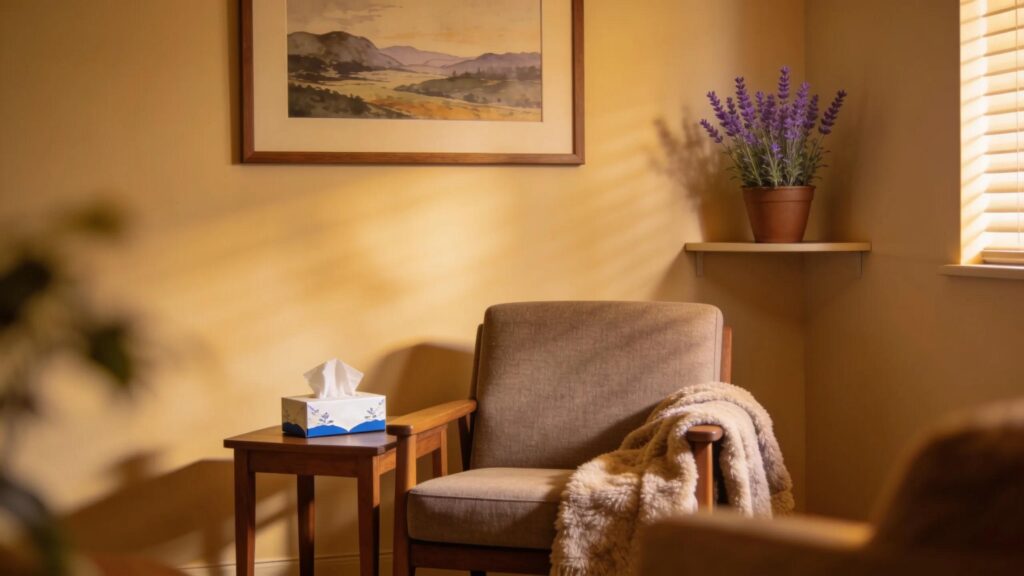 Comfortable armchair and shelf with lavender, suggesting grief counseling and therapy support.