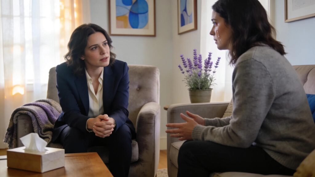 Compassionate grief counseling session in a calming environment