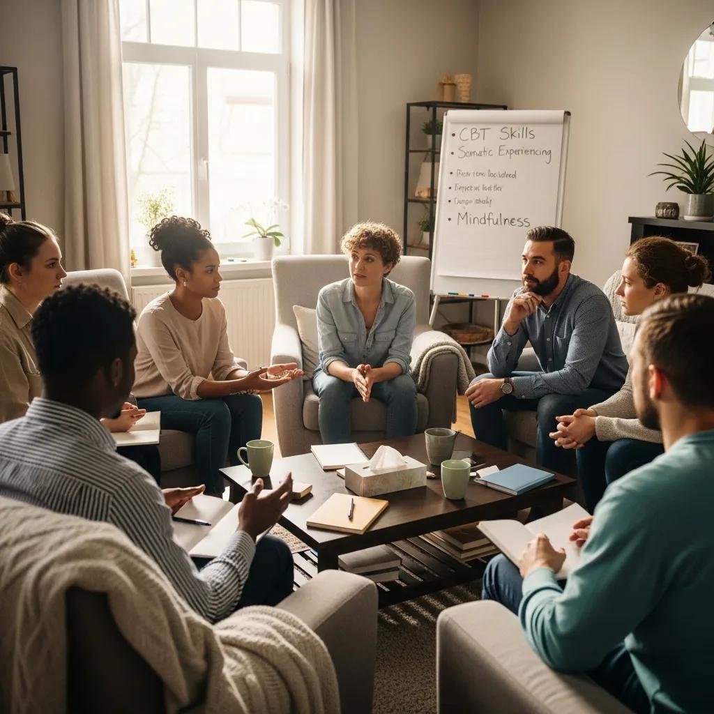 Group therapy session discussing recovery methods for trauma treatment, emphasizing connection and support