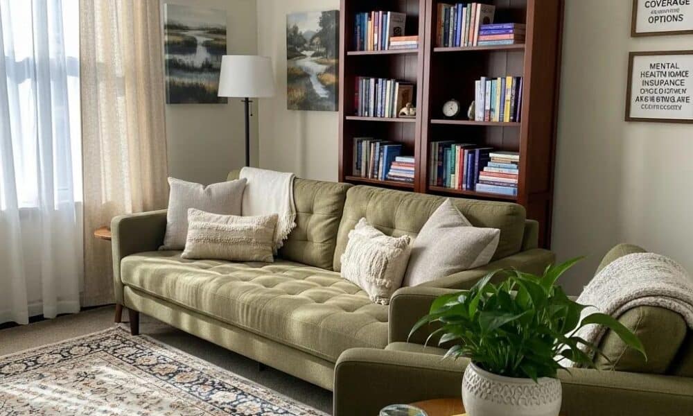 Therapist's office with cozy seating and calming decor, representing mental health care and therapy insurance