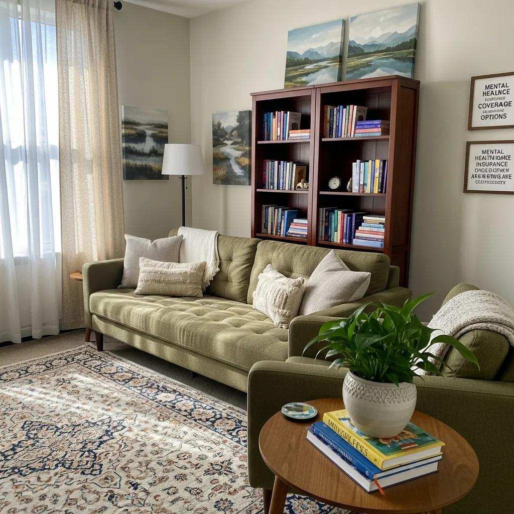 Therapist's office with cozy seating and calming decor, representing mental health care and therapy insurance