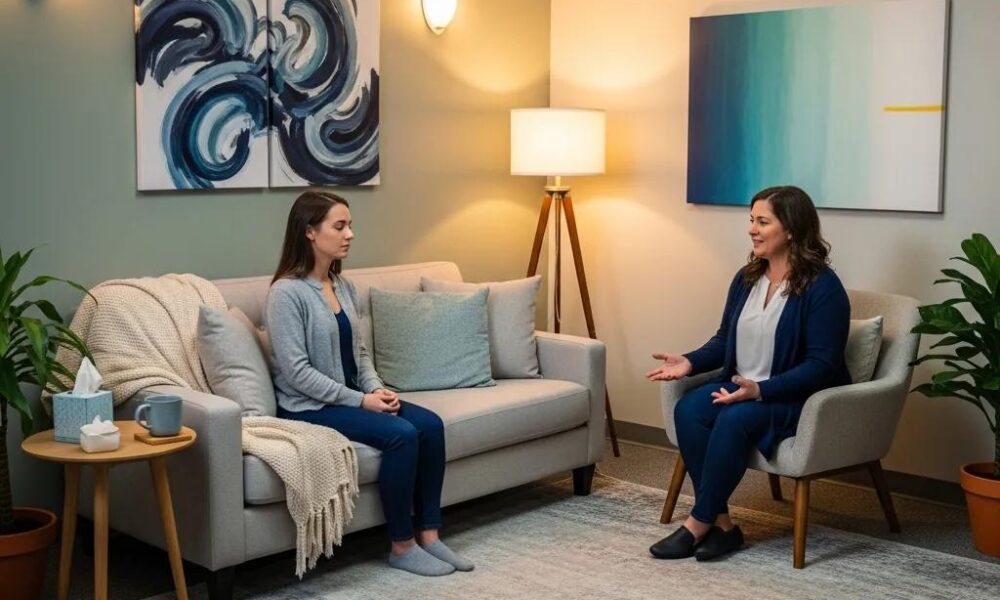 Therapy room with therapist and client engaged in EMDR session, emphasizing trauma processing