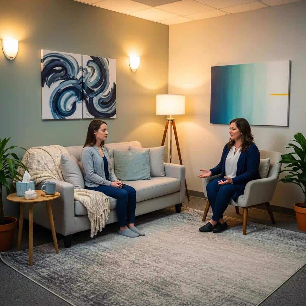 Therapy room with therapist and client engaged in EMDR session, emphasizing trauma processing