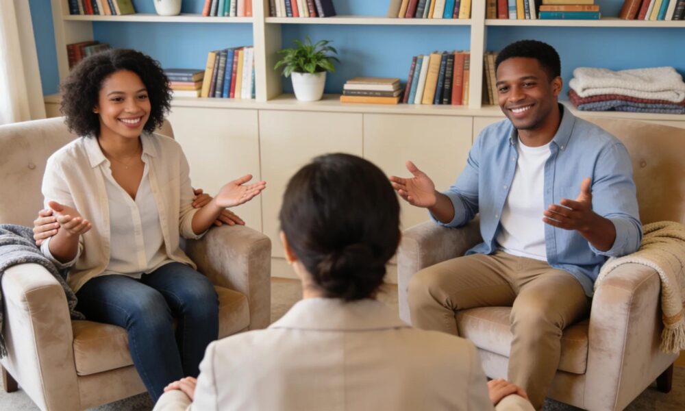 Bilingual couples therapy session capturing diverse couple and therapist in a comfortable setting