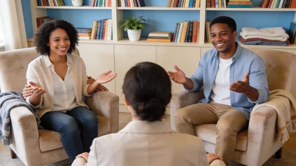 Bilingual couples therapy session capturing diverse couple and therapist in a comfortable setting