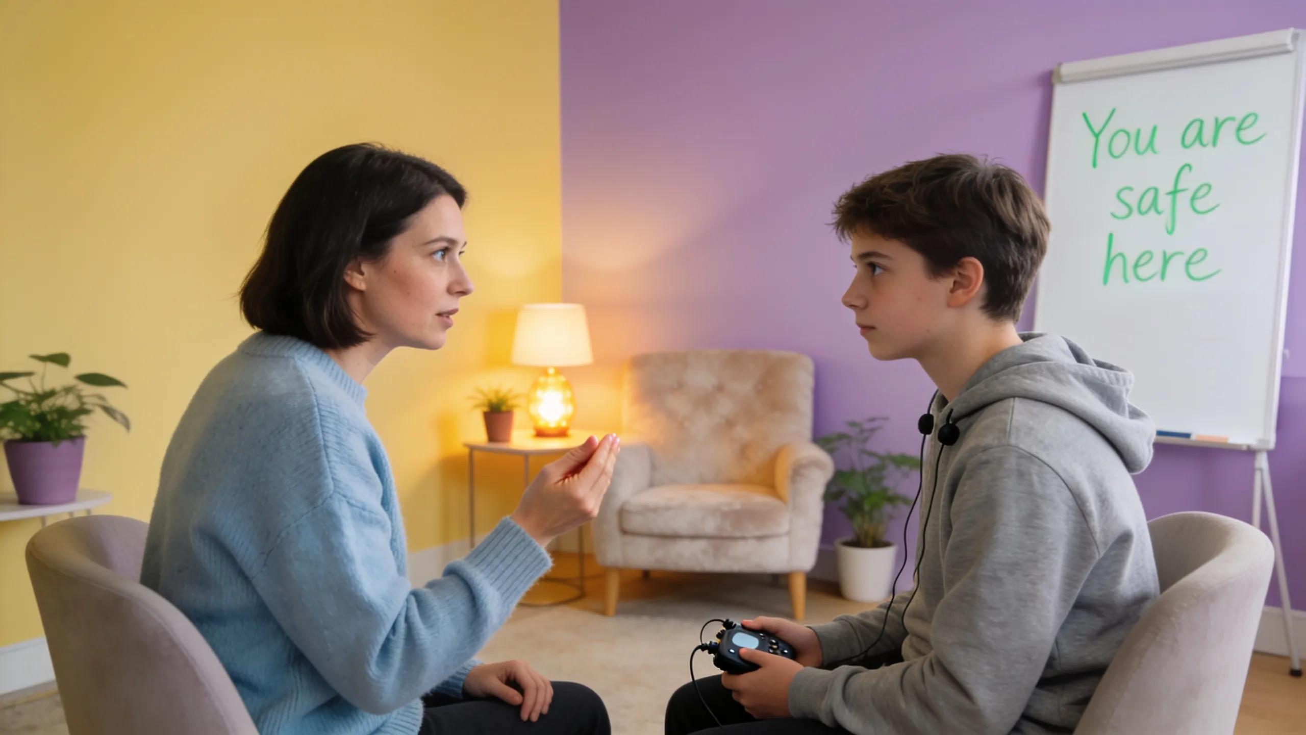 Therapist conducting an EMDR session with a teenager in a supportive therapy space