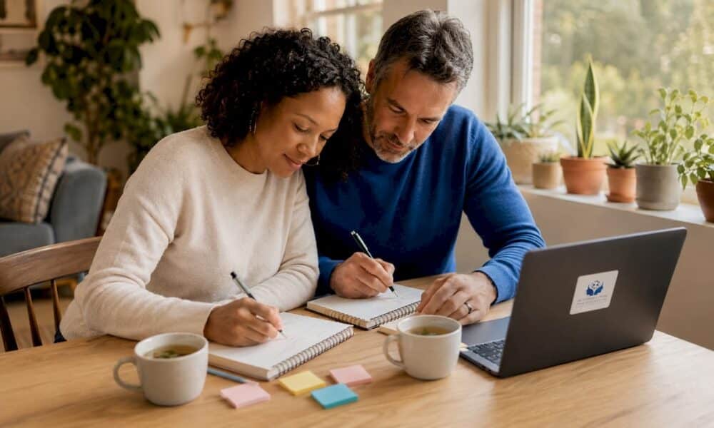 Couple writing relationship goals at kitchen table