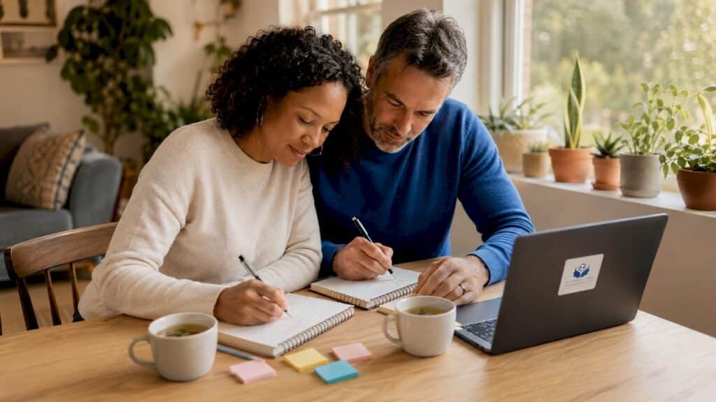 Couple writing relationship goals at kitchen table