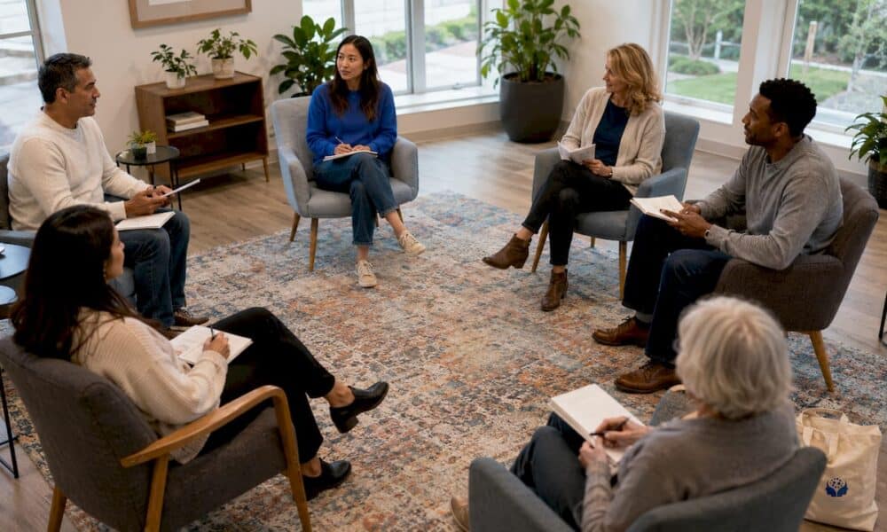 Diverse group in supportive Al-Anon meeting circle