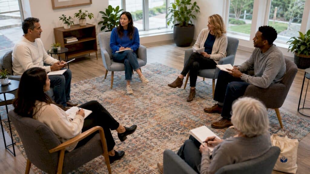 Diverse group in supportive Al-Anon meeting circle