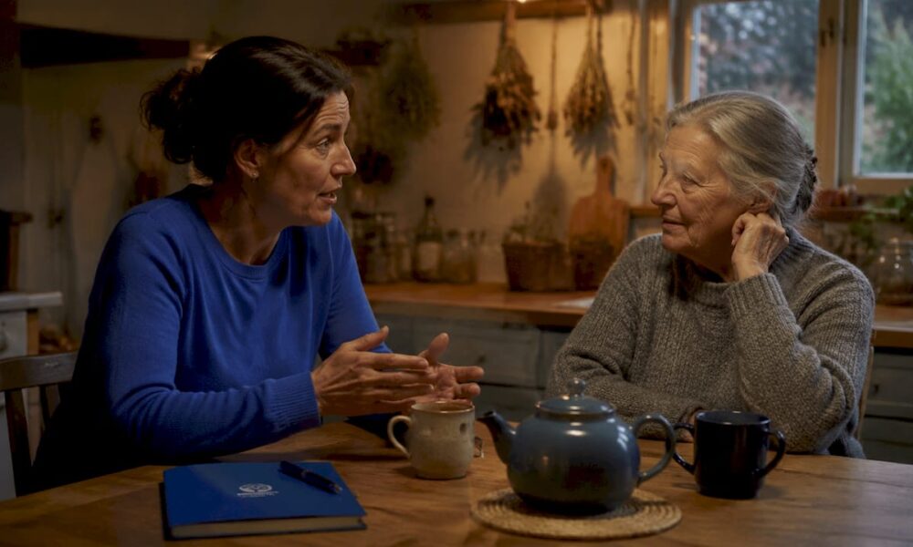 Mother and adult daughter conversing warmly at home