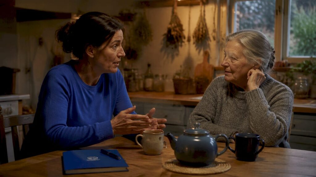 Mother and adult daughter conversing warmly at home