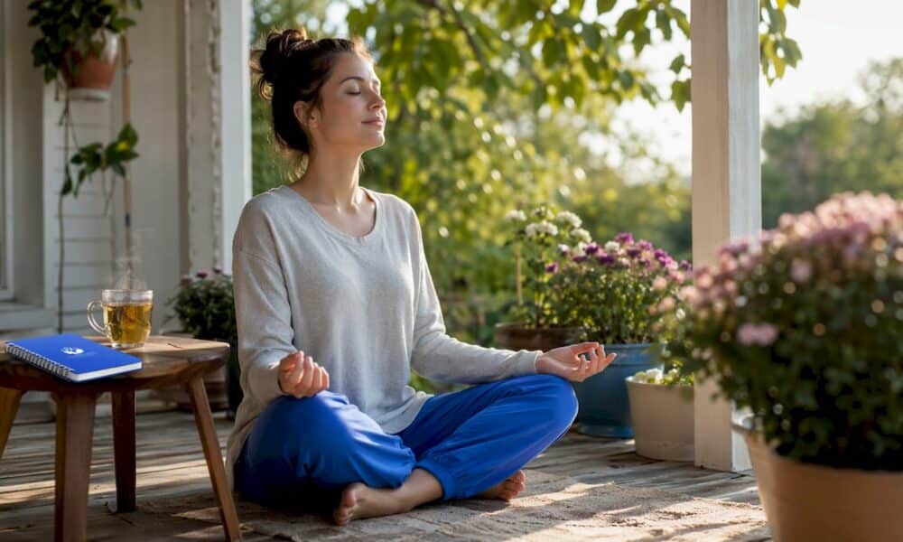 Woman practicing grounding exercise at home