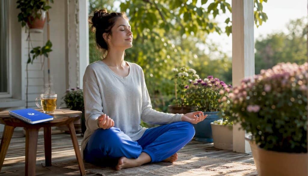 Woman practicing grounding exercise at home