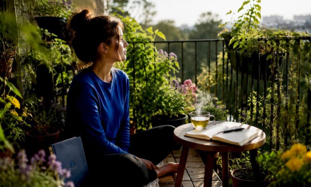 Woman reflecting quietly in cozy living room