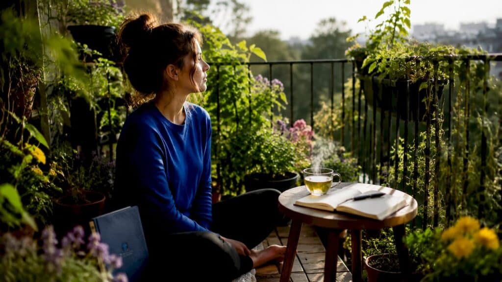 Woman reflecting quietly in cozy living room