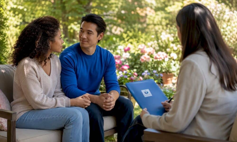 Couple in premarital counseling intake session
