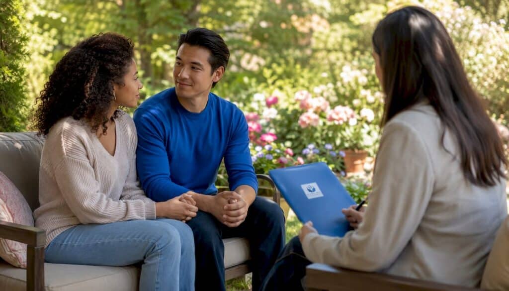 Couple in premarital counseling intake session
