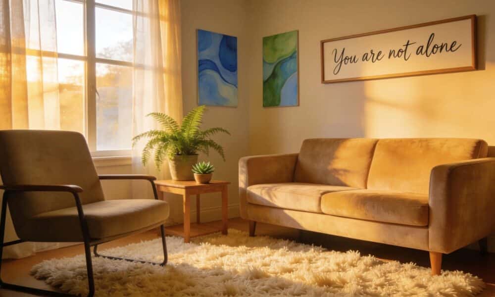 Cozy therapy room setting designed for discussing teenage depression