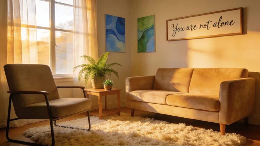 Cozy therapy room setting designed for discussing teenage depression