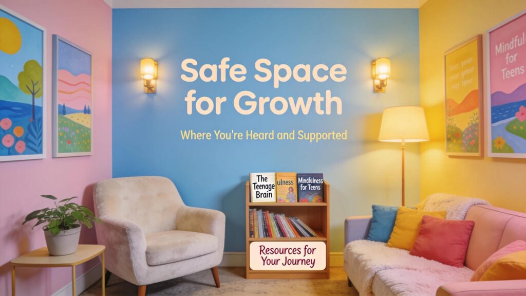 Safe space for growth and therapy in Bergen County, NJ, with books on mindfulness and