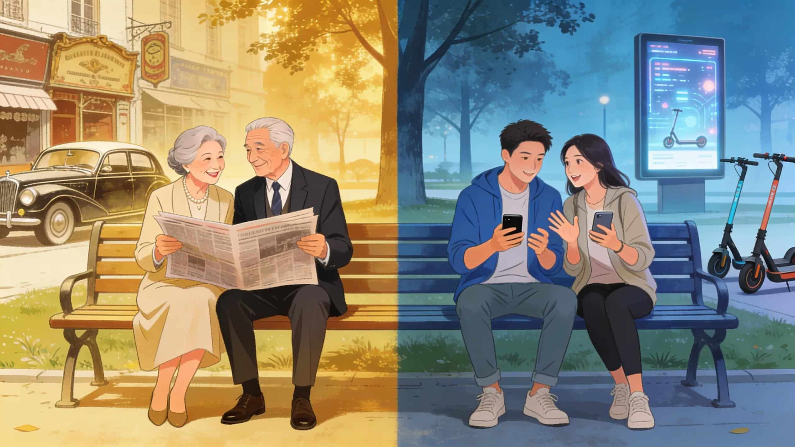 Couples of different generations discussing cultural and technological differences, highlighting intergenerational conflicts