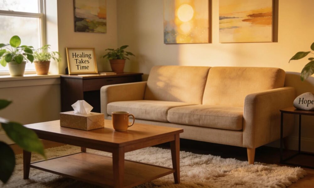 Comfortable and calming grief counseling office with nurturing decor