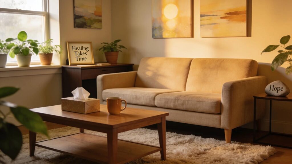 Comfortable and calming grief counseling office with nurturing decor