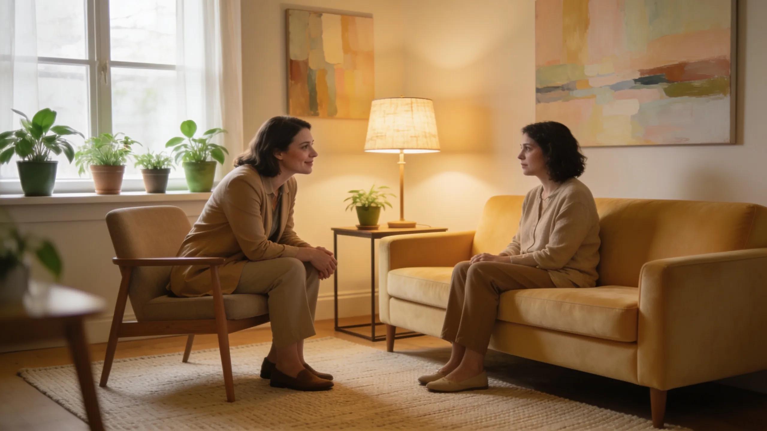 Comfortable counseling room for grief therapy emphasizing emotional support and compassion