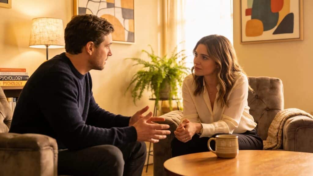 Couple in a supportive therapy session, illustrating relationship guidance and conflict resolution