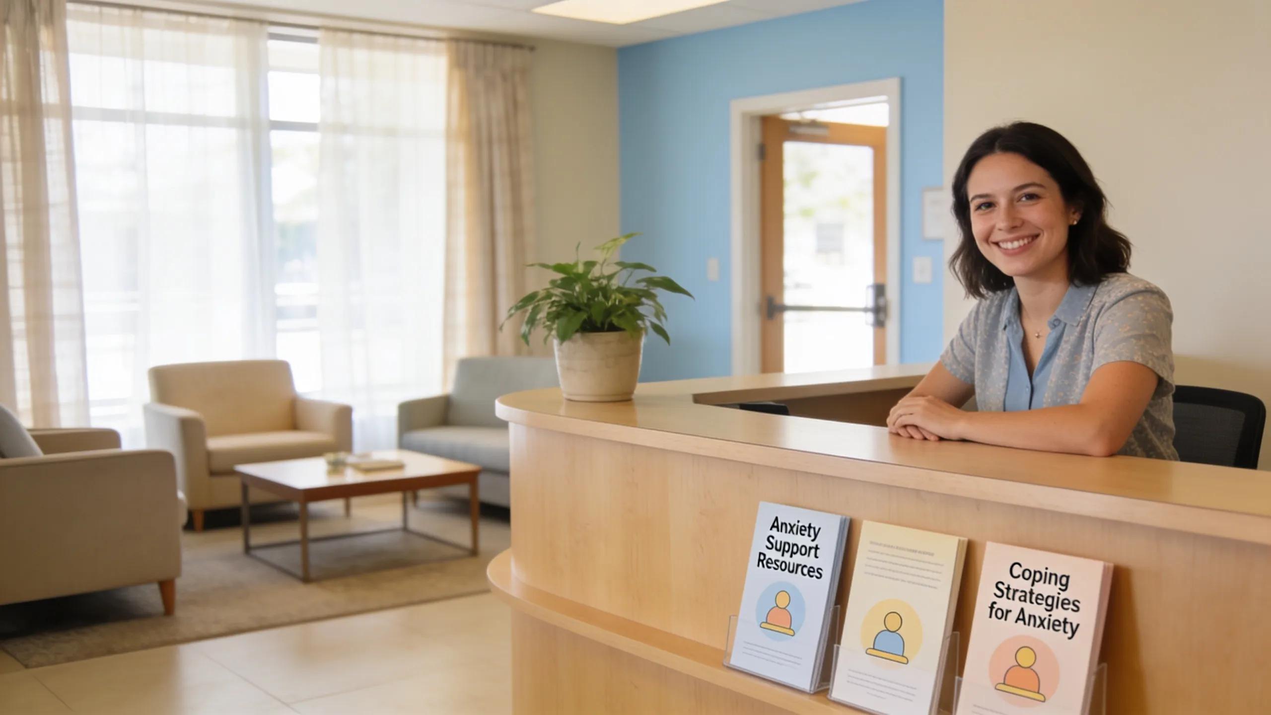 Welcoming reception area with a friendly receptionist ready to assist clients seeking anxiety counseling
