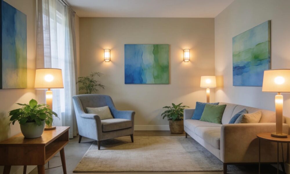 Therapy room for EMDR sessions with calming decor and comfortable seating